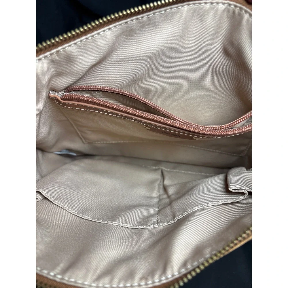 The Sak Tan Leather Embossed Floral Mandala Crossbody Bag Adjustable Strap Brass